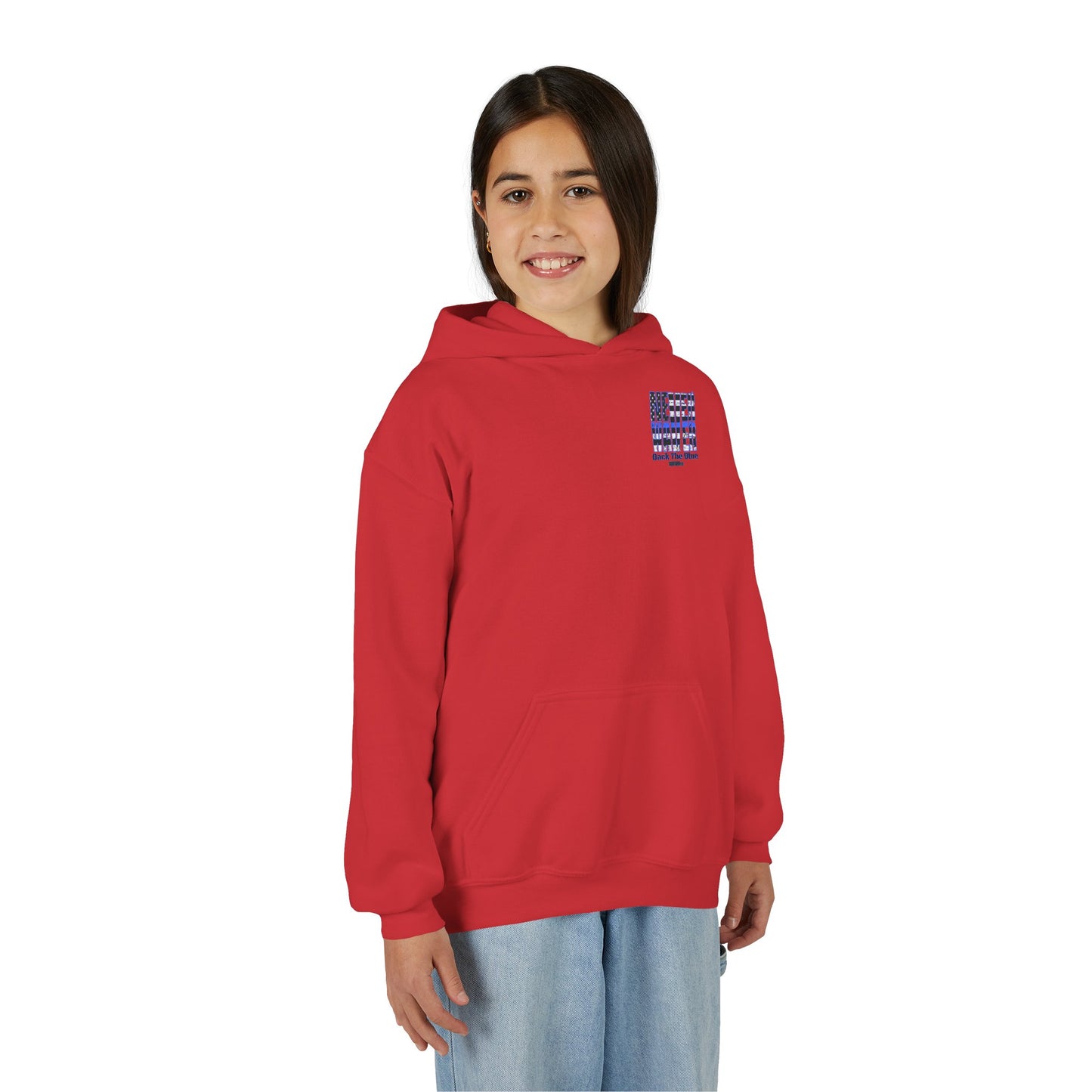Never Waver Back The Blue  Vintage-Inspired Youth Hoodie with American Flag Design