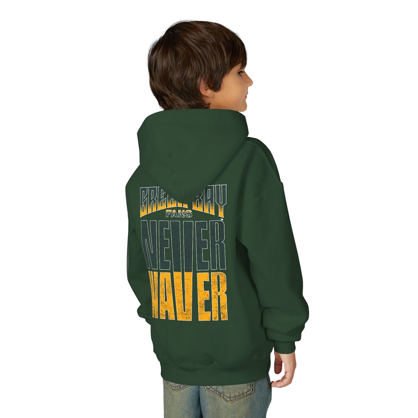 Green Bay Fans Never Waver Youth Heavy Blend Hooded Sweatshirt
