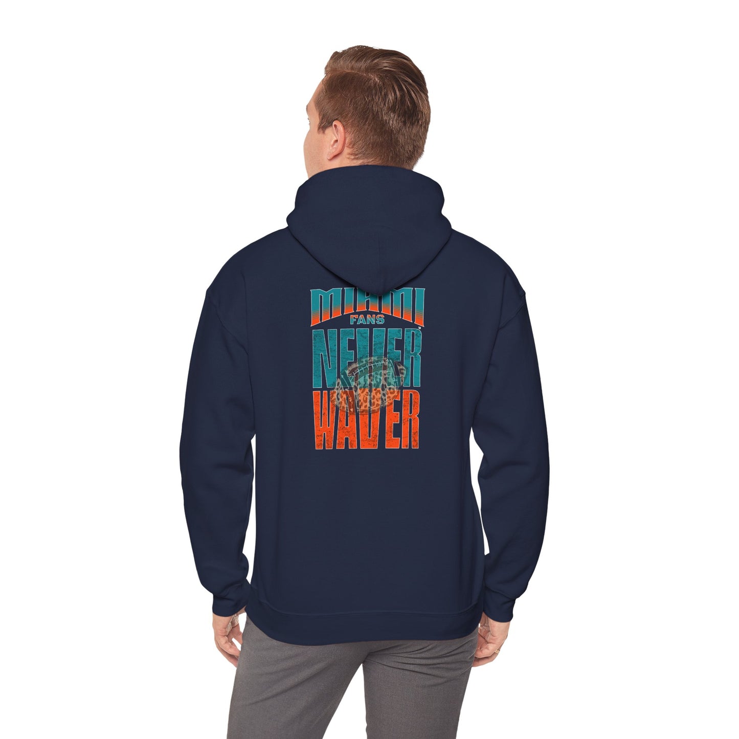 Miami Fans  NEVER WAVER w Leopard Football | Cozy Streetwear for Every Day Unisex Heavy Blend™ Hooded Sweatshirt -