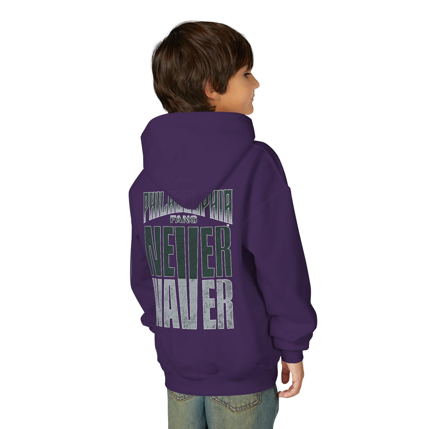 Philadelphia Fans Never Waver Youth Heavy Blend Hooded Sweatshirt