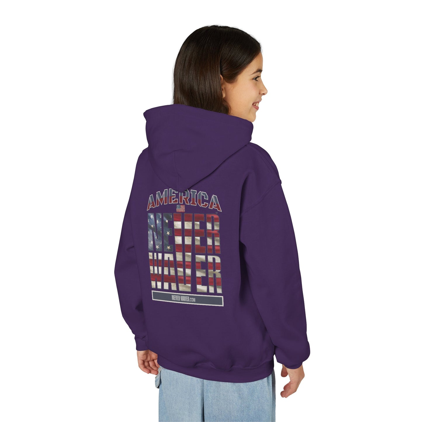 "America Never Waver " Motivational Sweatshirt Youth Heavy Blend Hoodie