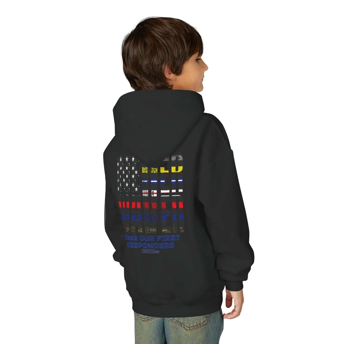 Never Waver Always Back Our First Responders Vintage-Inspired Youth Hoodie with American Flag Design