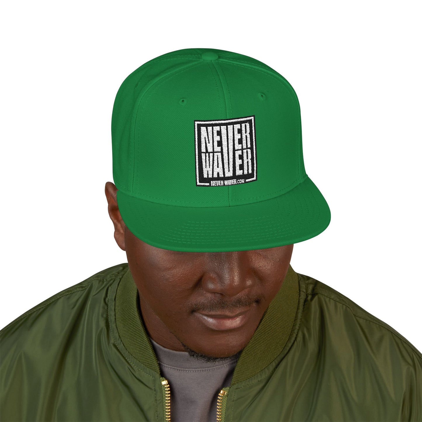 Never Waver Embroidered Square Script Snapback Hat — Bold Monochrome Streetwear