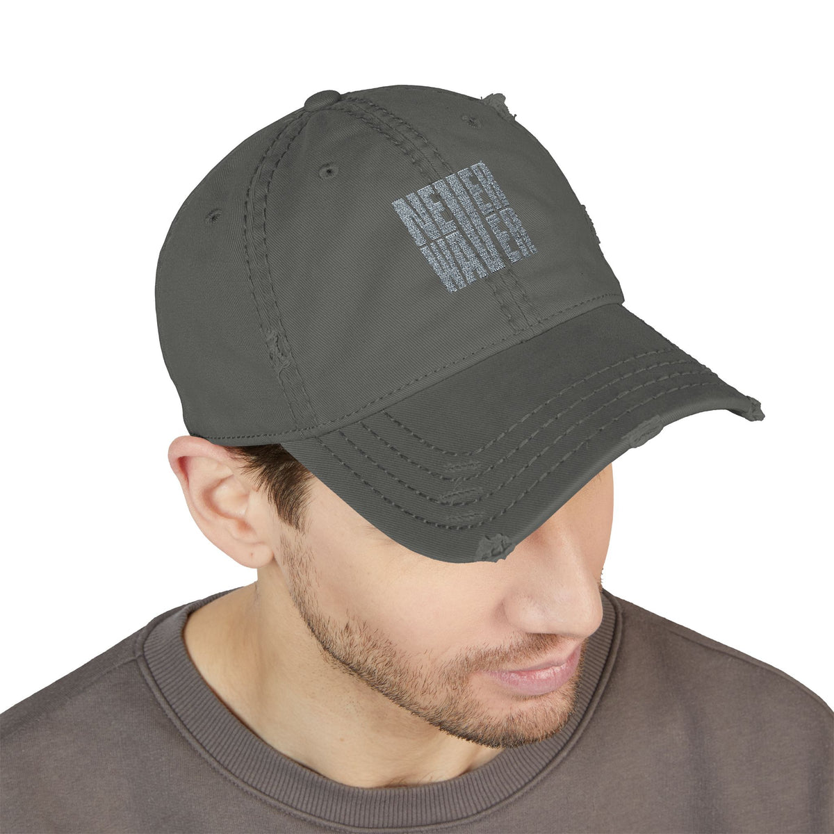 Distressed Dad Hat with 'Never Waver' Embroidery - Casual Style for Everyday Adventures by Printify