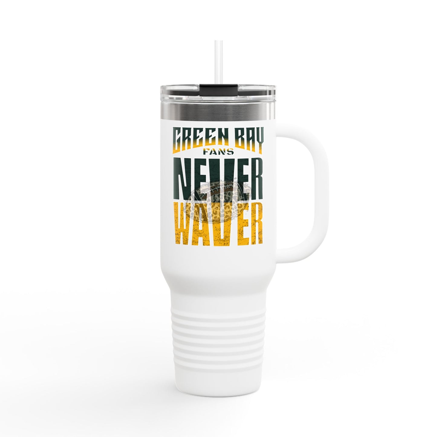 Green Bay Fans Never Waver with leopard football Insulated Travel Mug, 40oz