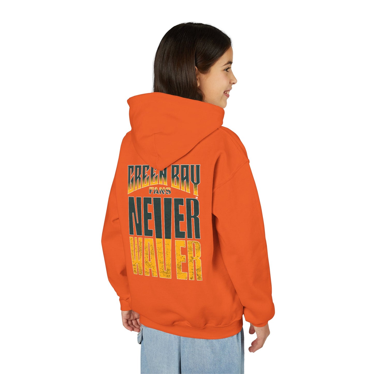 Green Bay Fans Never Waver Youth Heavy Blend Hooded Sweatshirt