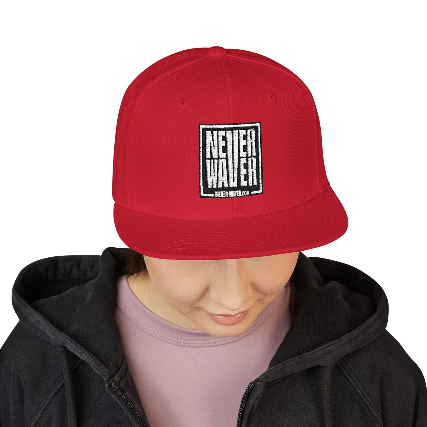 Never Waver Embroidered Square Script Snapback Hat — Bold Monochrome Streetwear