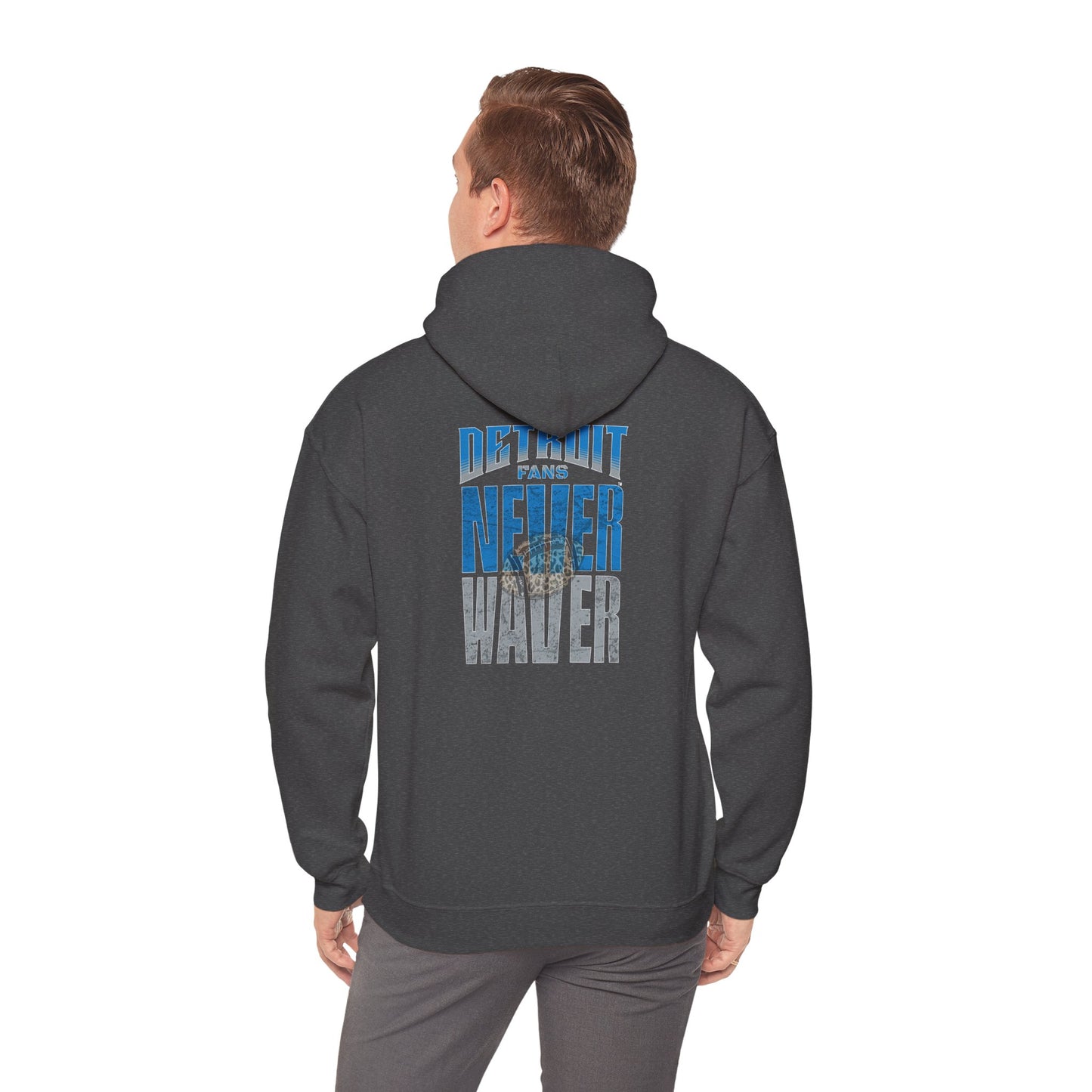 "Detroit Fans NEVER WAVER w Leopard Football" Inspirational Wear Unisex Heavy Blend™ Hooded Sweatshirt