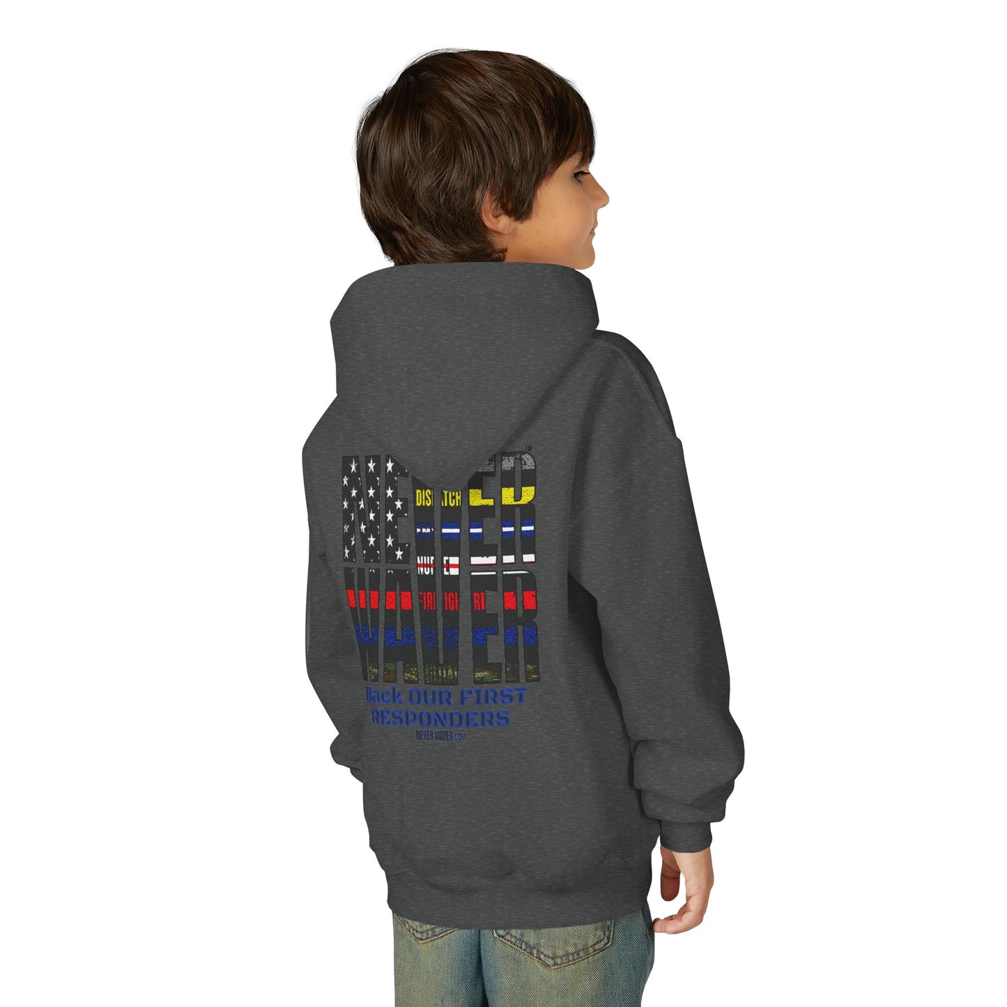 Never Waver Always Back Our First Responders Vintage-Inspired Youth Hoodie with American Flag Design