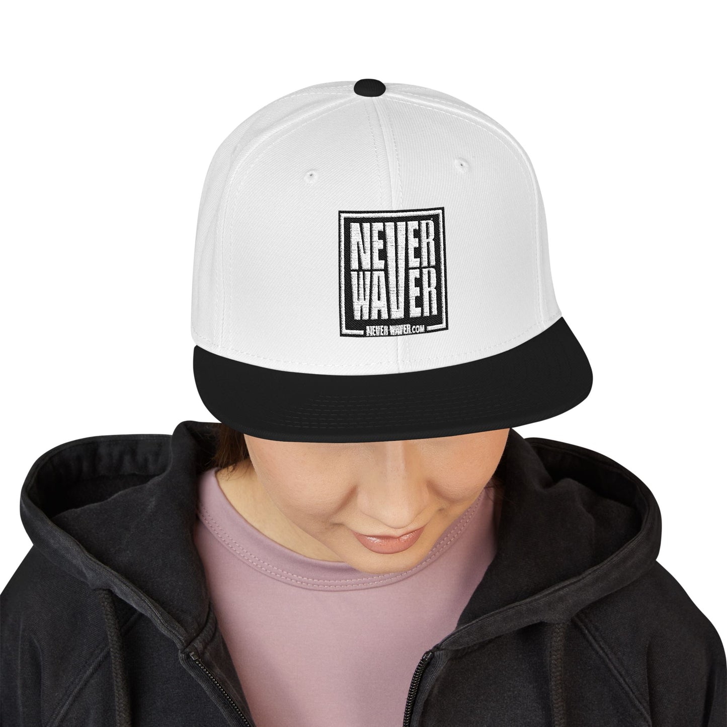 Never Waver Embroidered Square Script Snapback Hat — Bold Monochrome Streetwear