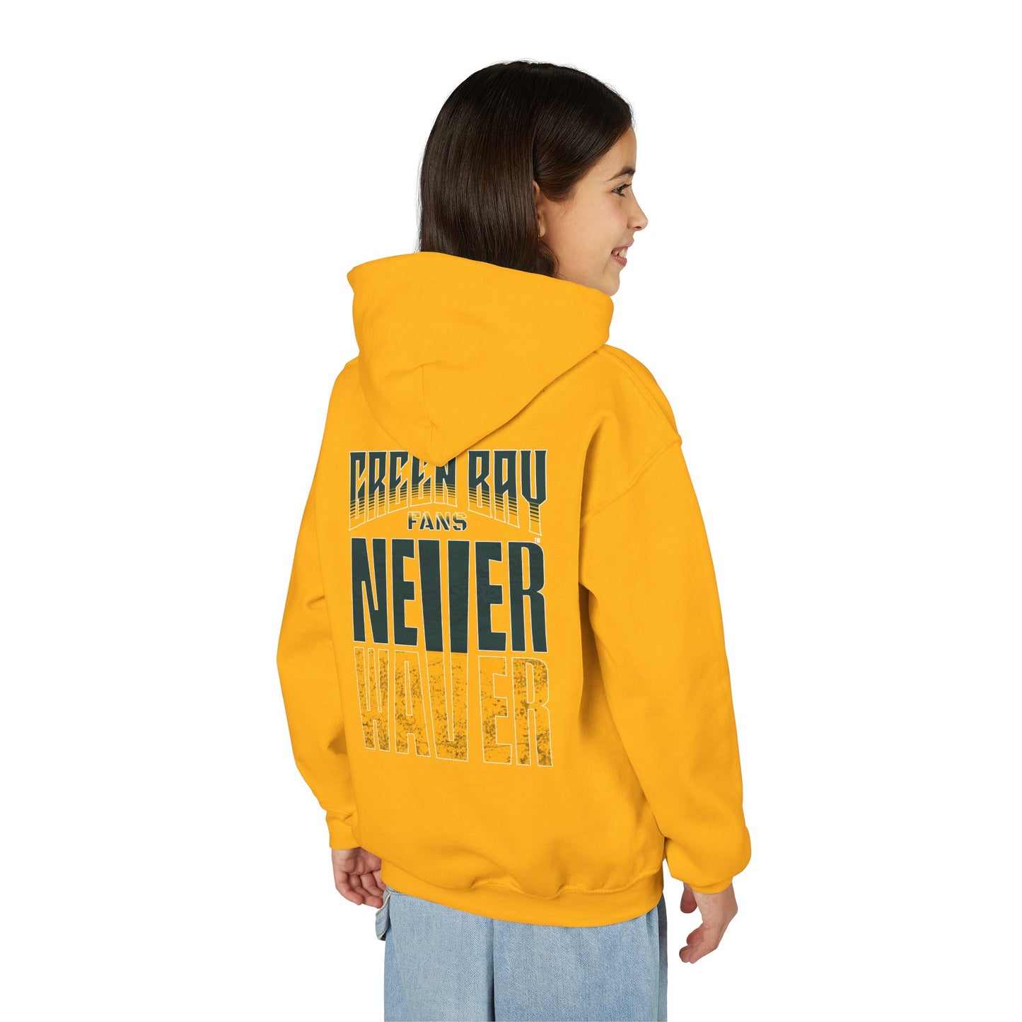 Green Bay Fans Never Waver Youth Heavy Blend Hooded Sweatshirt