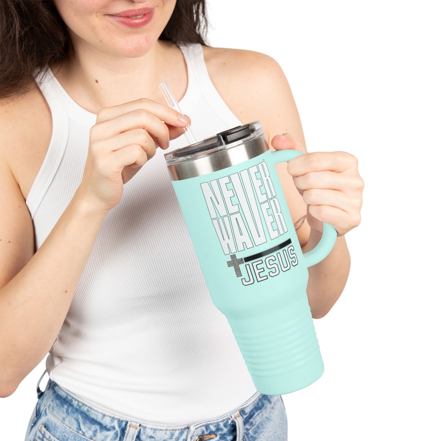 "Never Waver” Jesus Insulated Travel Mug -a bold, eye-catching design that reflects a steadfast faith and confidence in Christ. " - 40oz Sporty Drinkware