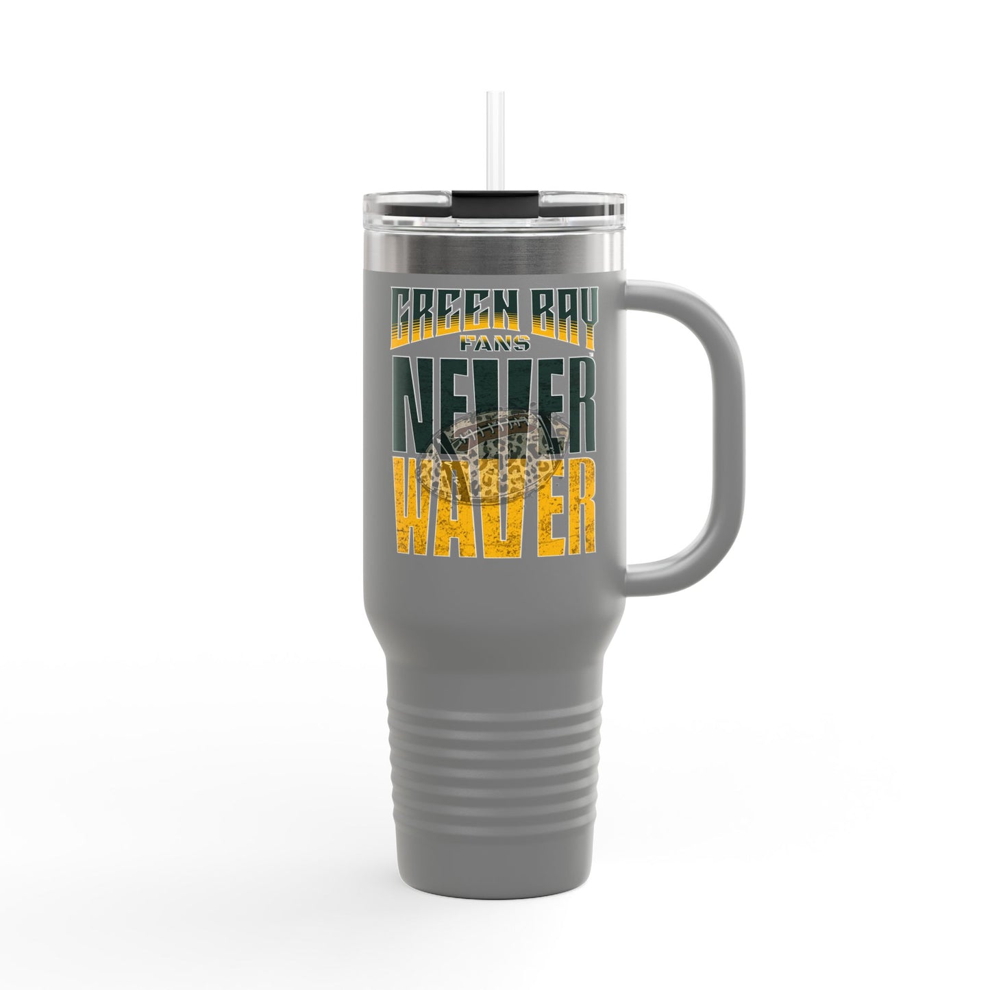 Green Bay Fans Never Waver with leopard football Insulated Travel Mug, 40oz