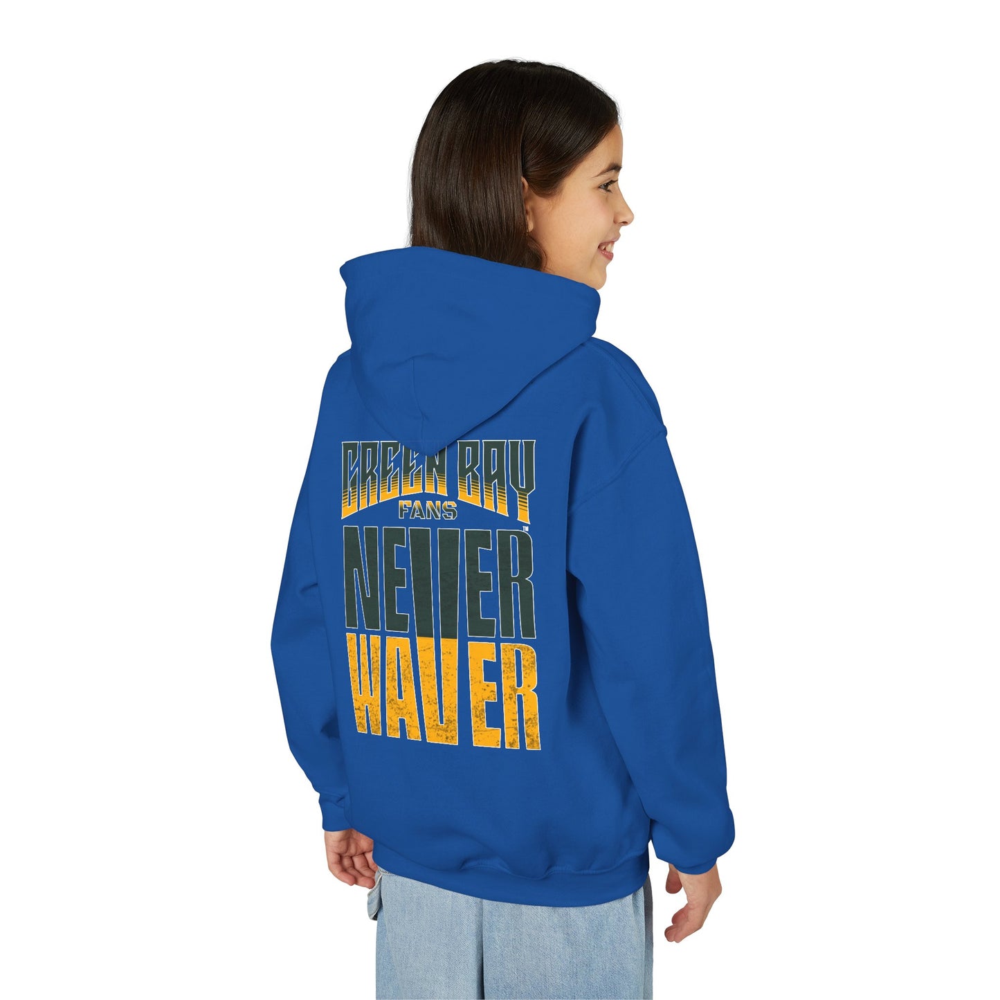 Green Bay Fans Never Waver Youth Heavy Blend Hooded Sweatshirt