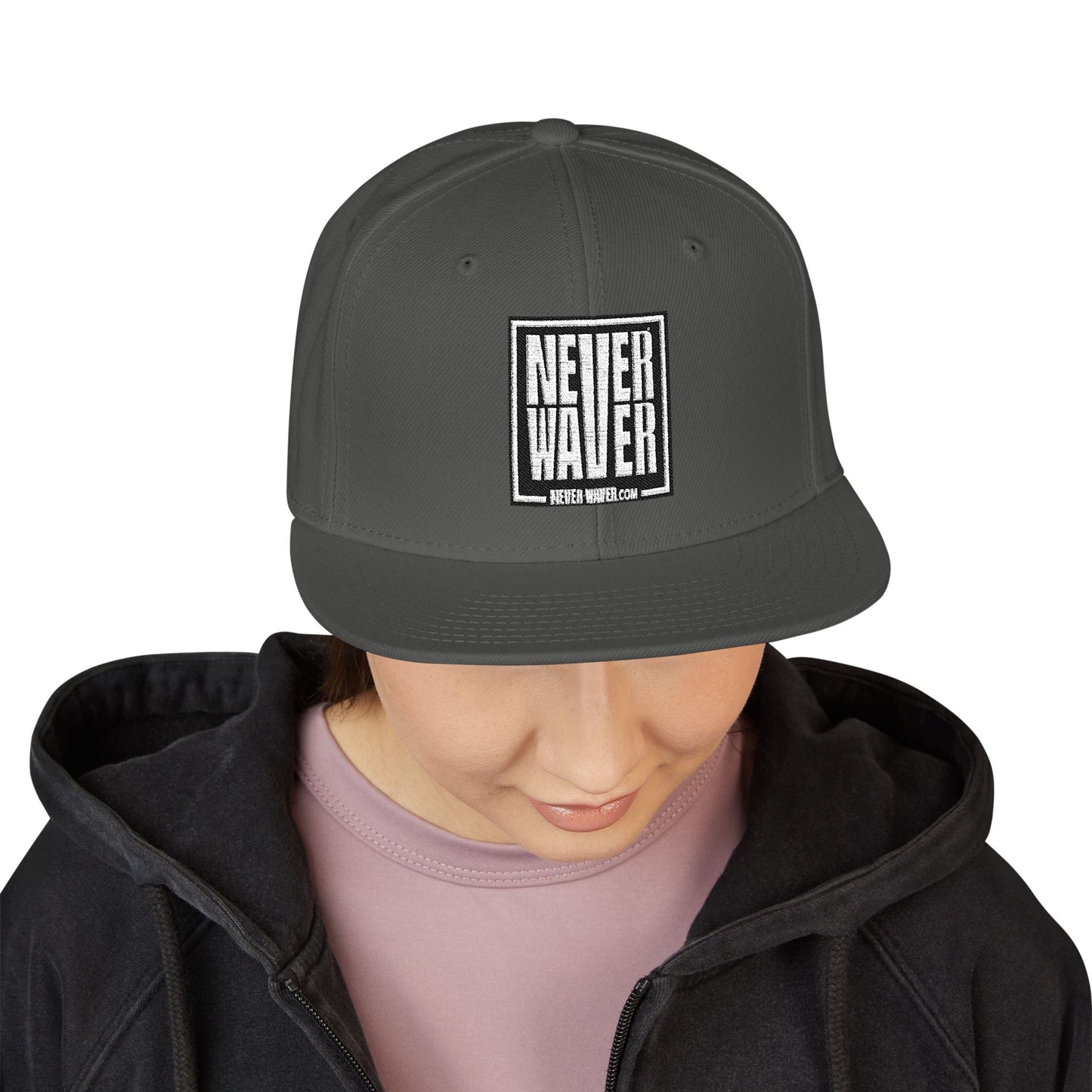 Never Waver Embroidered Square Script Snapback Hat — Bold Monochrome Streetwear