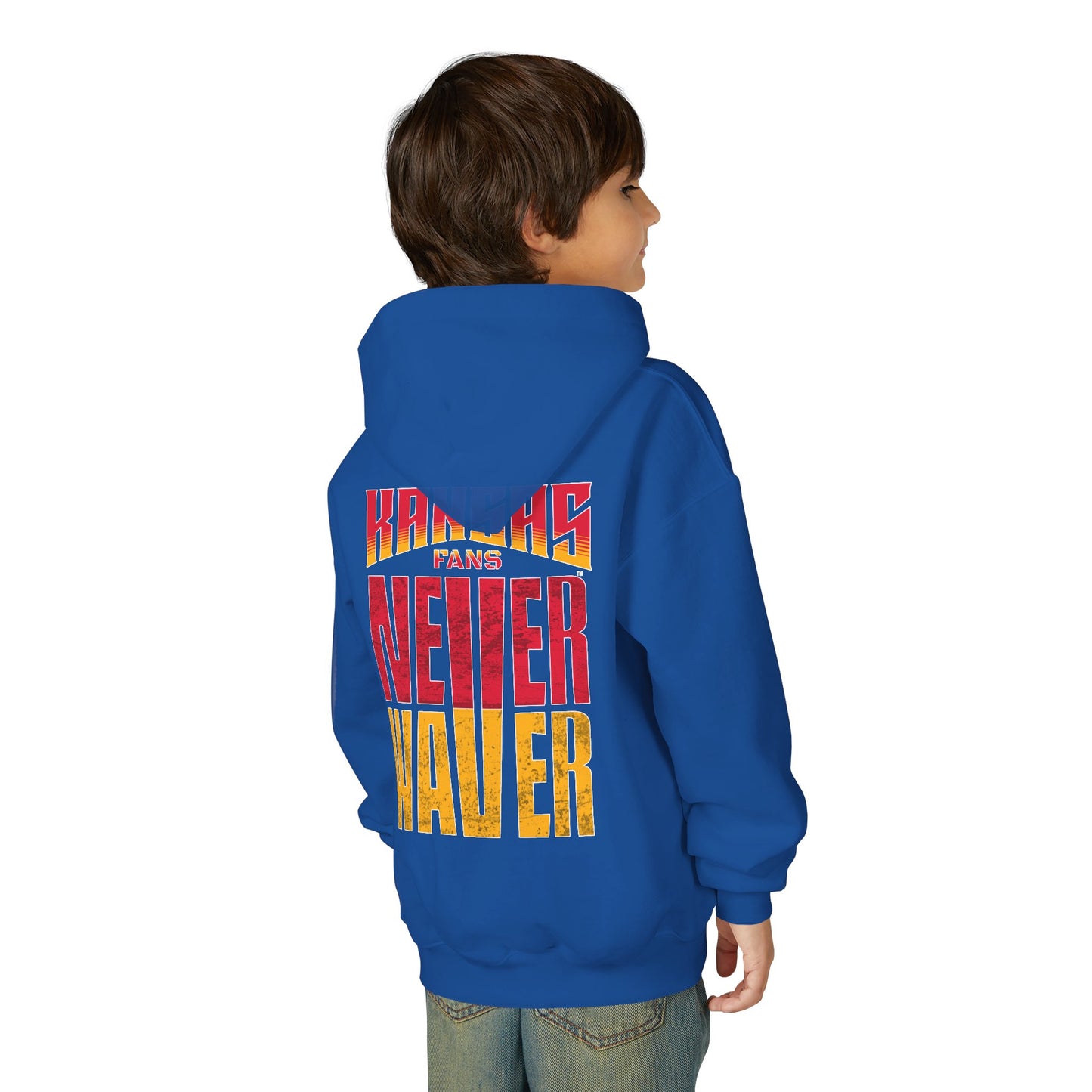 Kansas Fans Never Waver Youth Heavy Blend Hooded Sweatshirt
