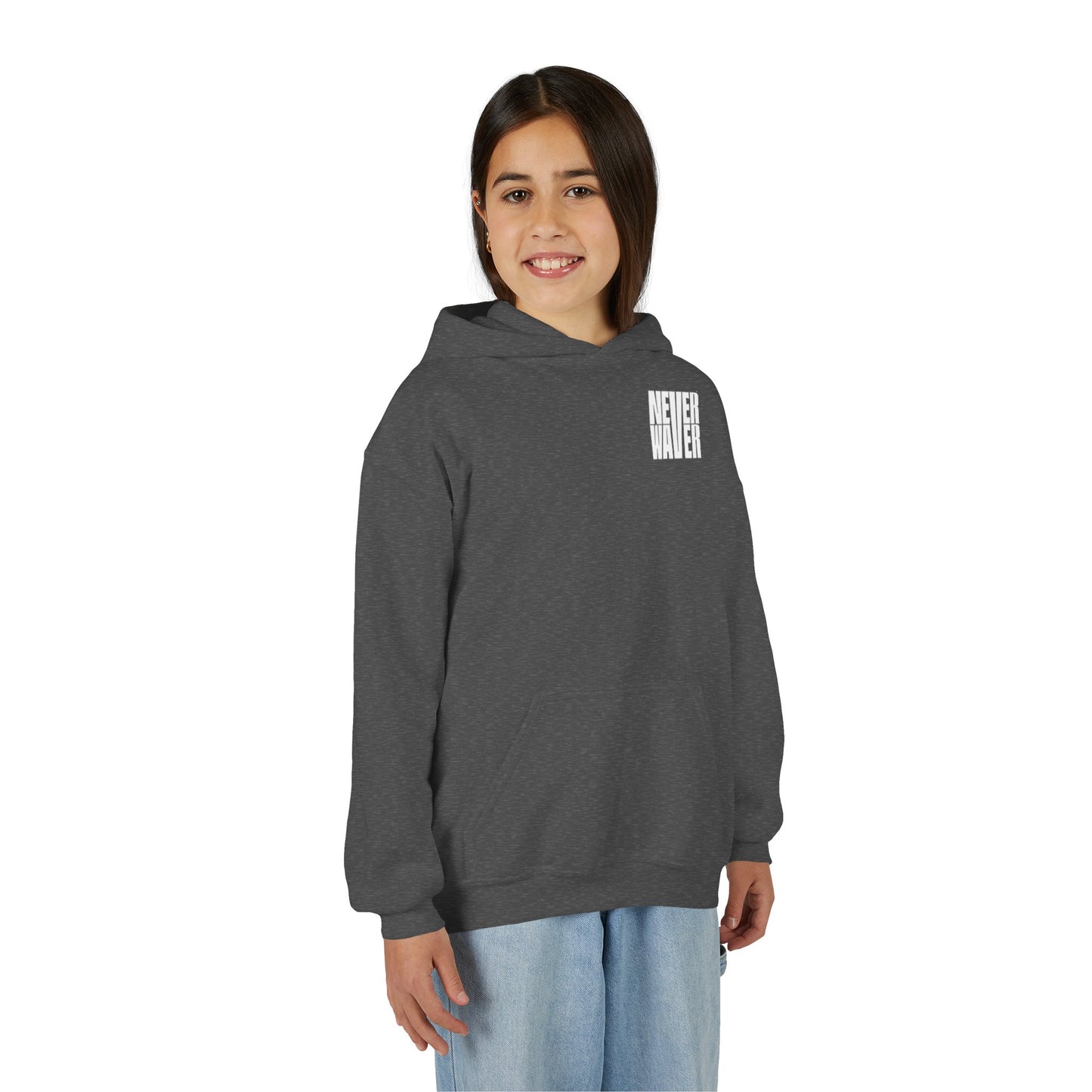 Youth Jesus Hoodie - "Never Waver” Jesus bold, eye-catching design that reflects a steadfast faith and confidence in Christ. " Sweatshirt for Young Jesus Lovers