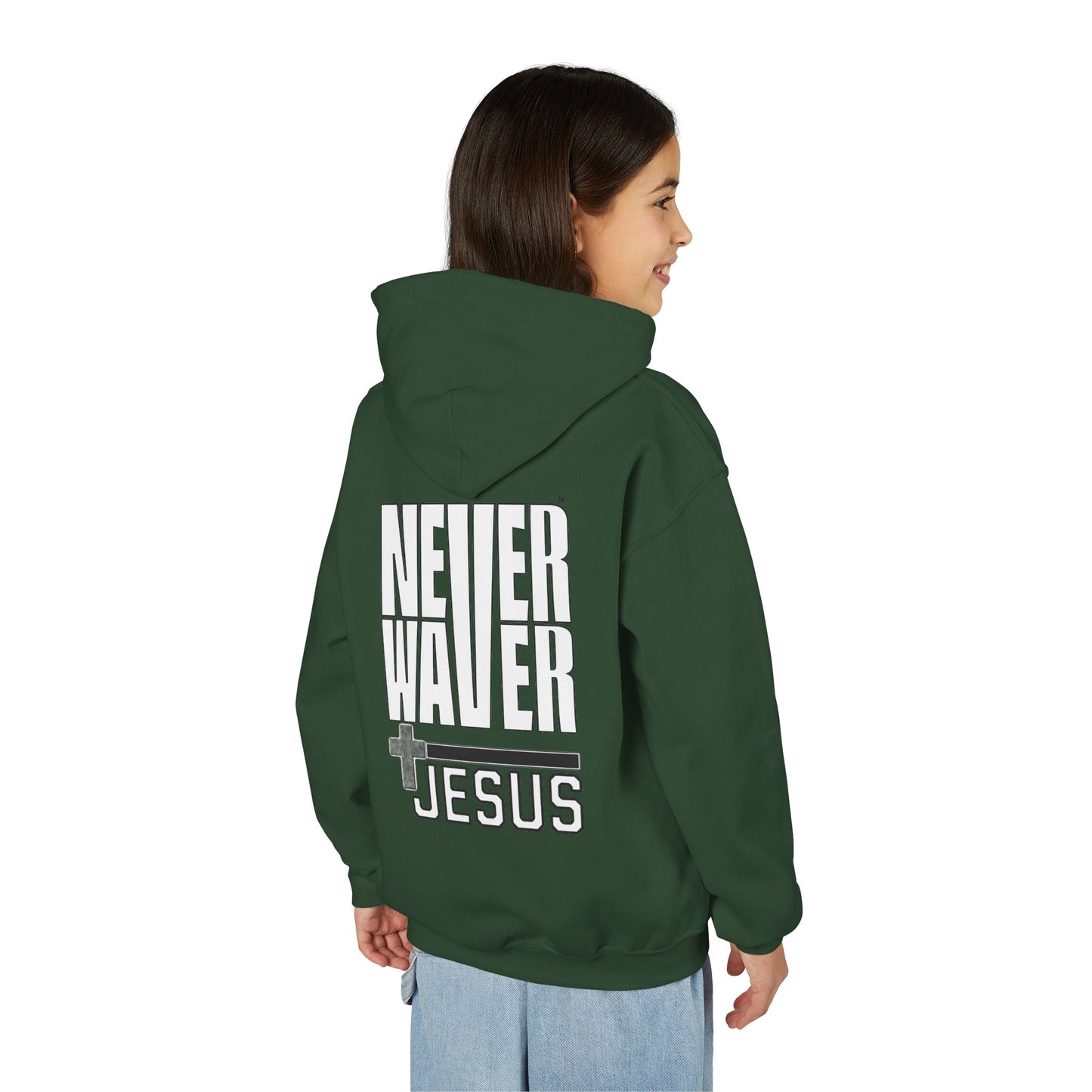 Youth Jesus Hoodie - "Never Waver” Jesus bold, eye-catching design that reflects a steadfast faith and confidence in Christ. " Sweatshirt for Young Jesus Lovers