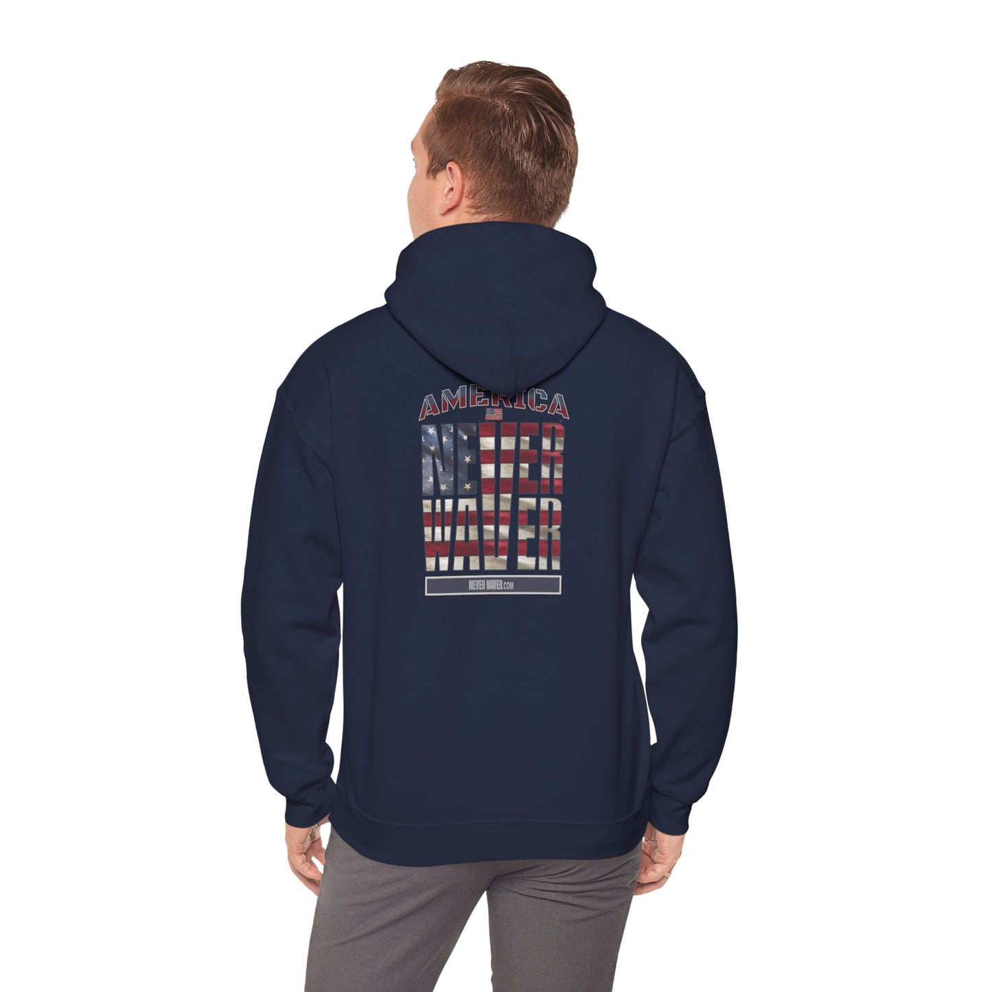'America Never Waver' Patriotic Unisex Heavy Blend™ Hooded Sweatshirt
