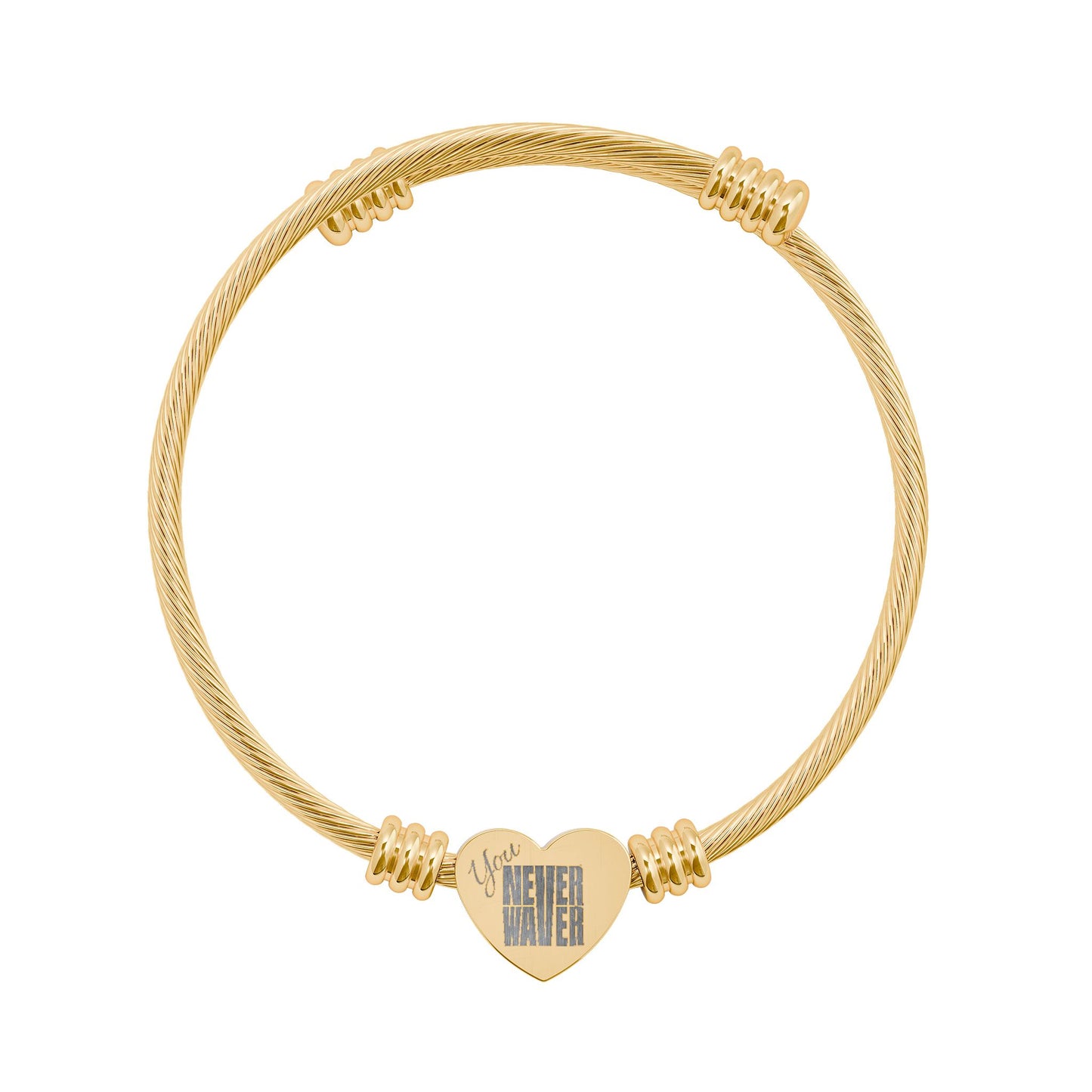 Engravable Heart Cuff Bracelet You Never Waver Love Charm Bangle (Silver or Gold)