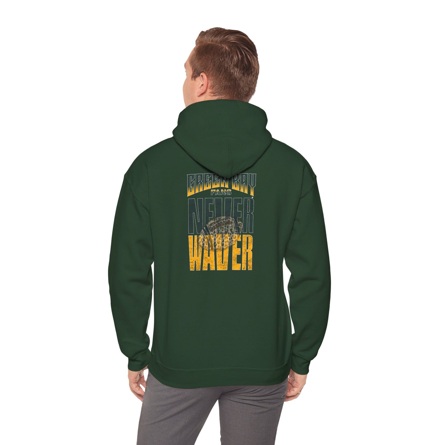 Green Bay Fans Never Waver Hoodie w Leopard Football - Unisex Heavy Blend Sweatshirt