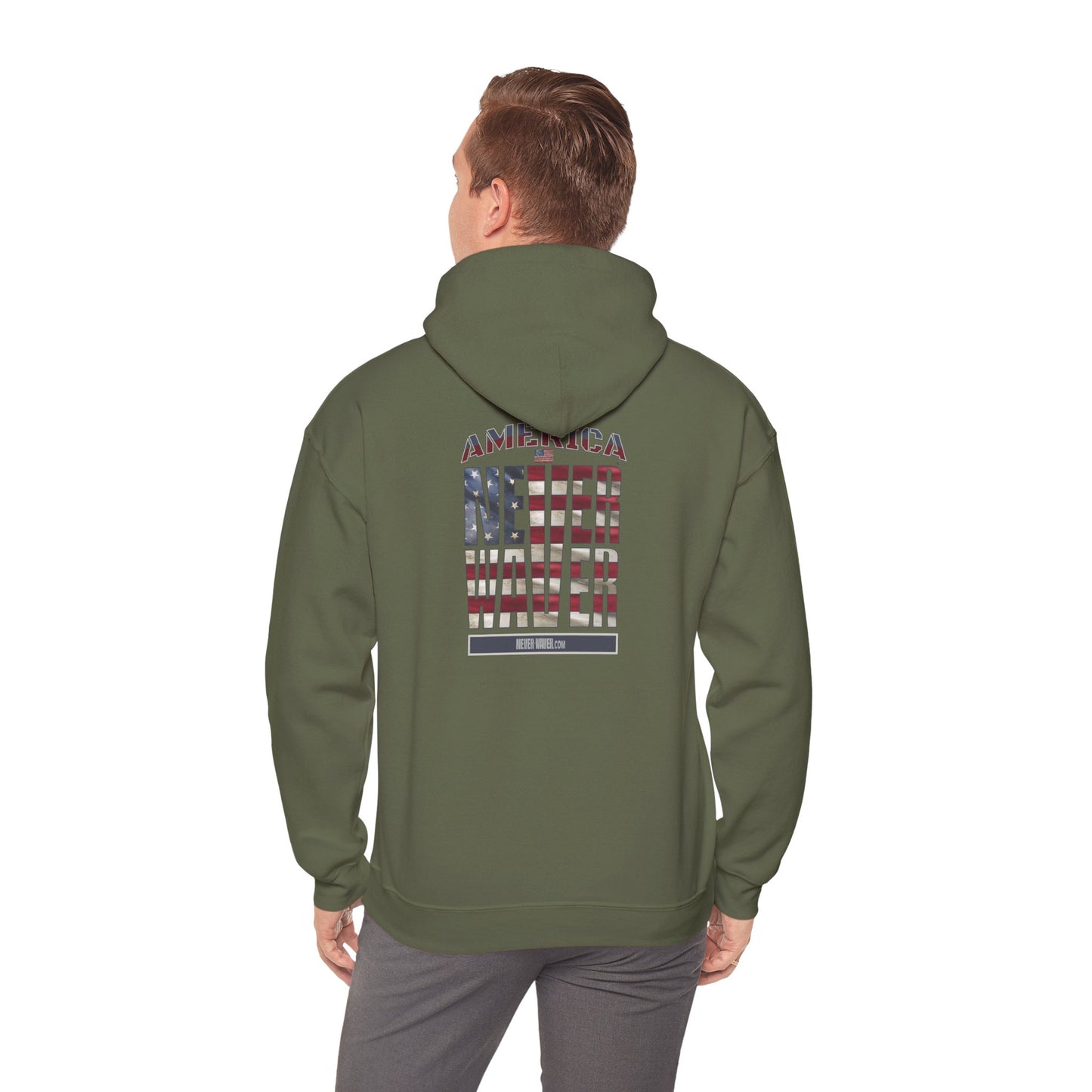 'America Never Waver' Patriotic Unisex Heavy Blend™ Hooded Sweatshirt