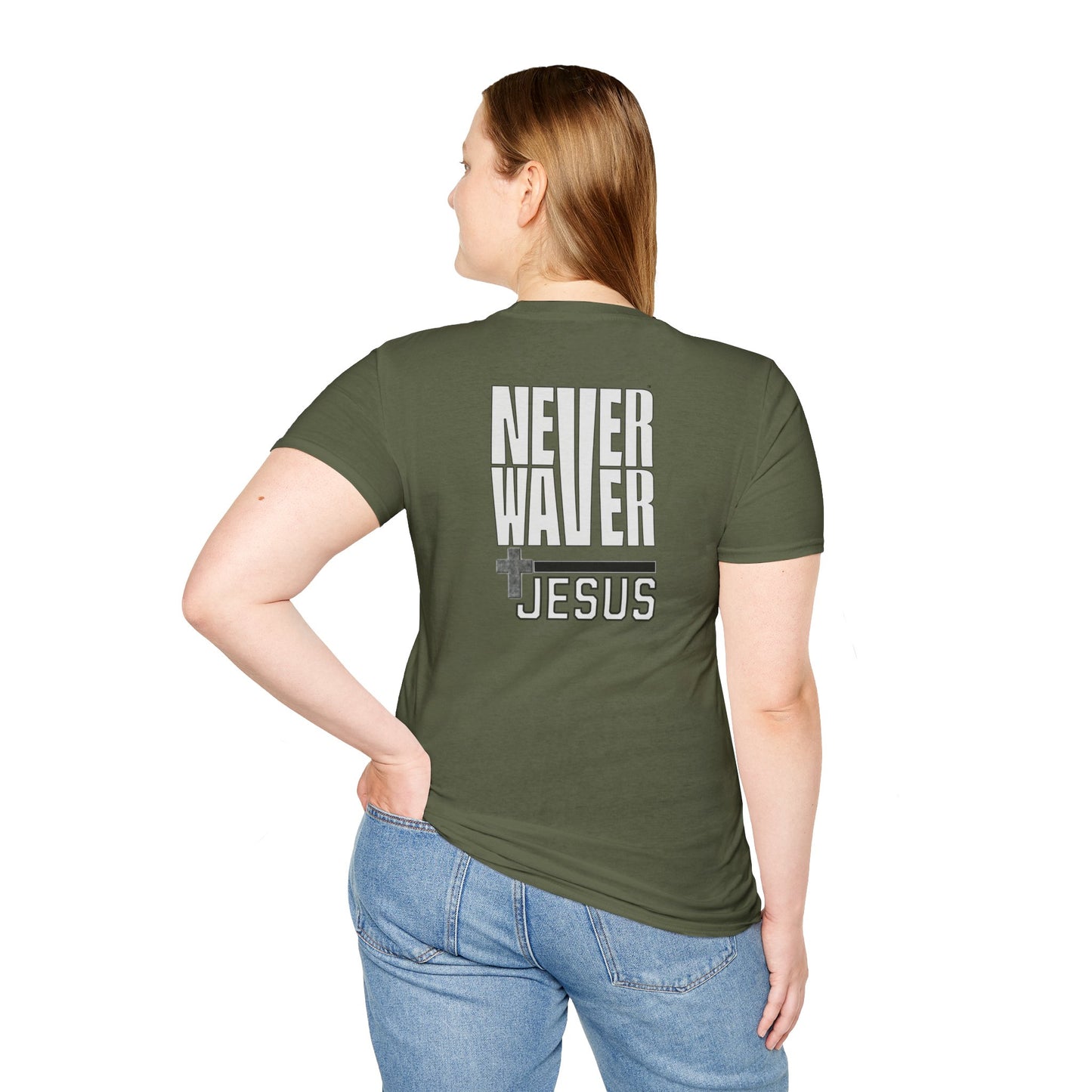 Never Waver” Jesus a bold, eye-catching design that reflects a steadfast faith and confidence in Christ.  Unisex Soft style T-Shirt