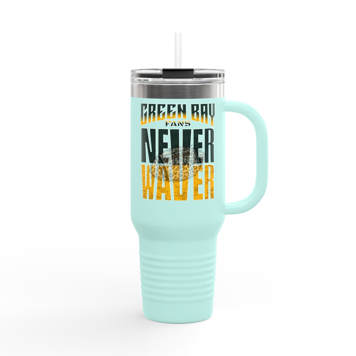 Green Bay Fans Never Waver with leopard football Insulated Travel Mug, 40oz