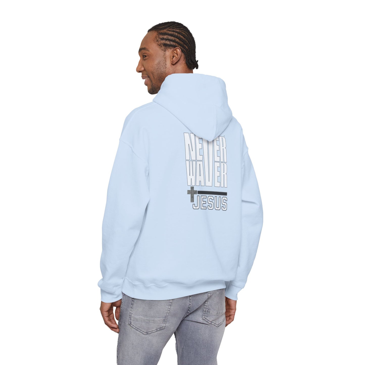Never Waver” Jesus a bold, eye-catching design that reflects a steadfast faith and confidence in Christ. Hoodie - Unisex Heavy Blend™ Sweatshirt