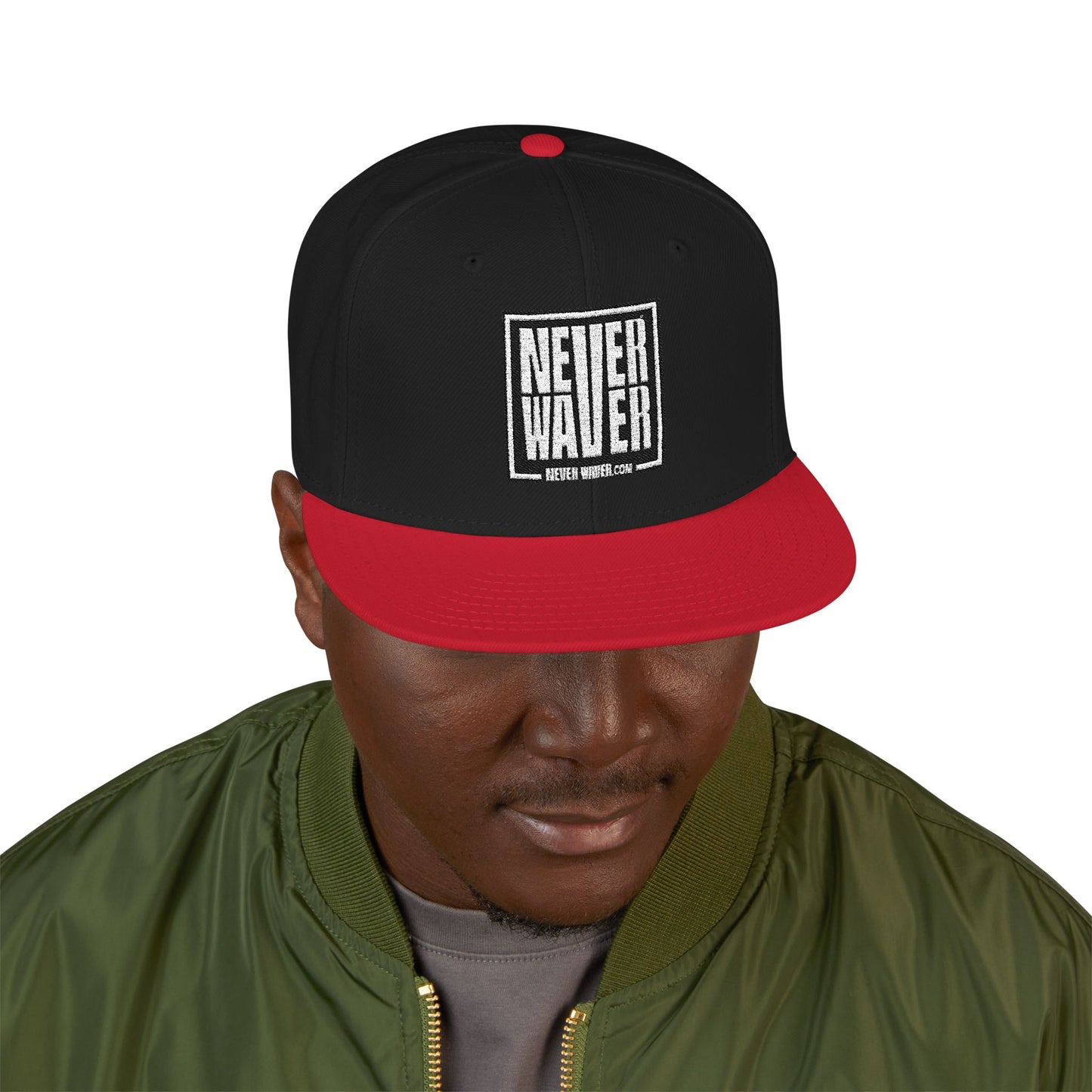 Never Waver Embroidered Square Script Snapback Hat — Bold Monochrome Streetwear