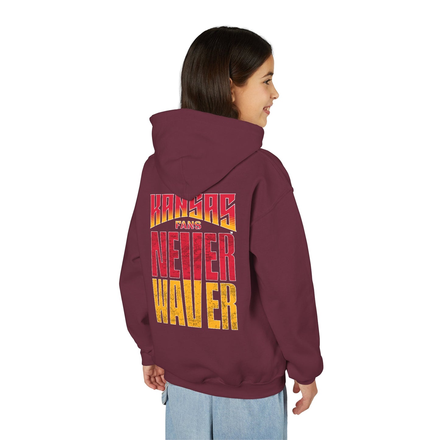 Kansas Fans Never Waver Youth Heavy Blend Hooded Sweatshirt
