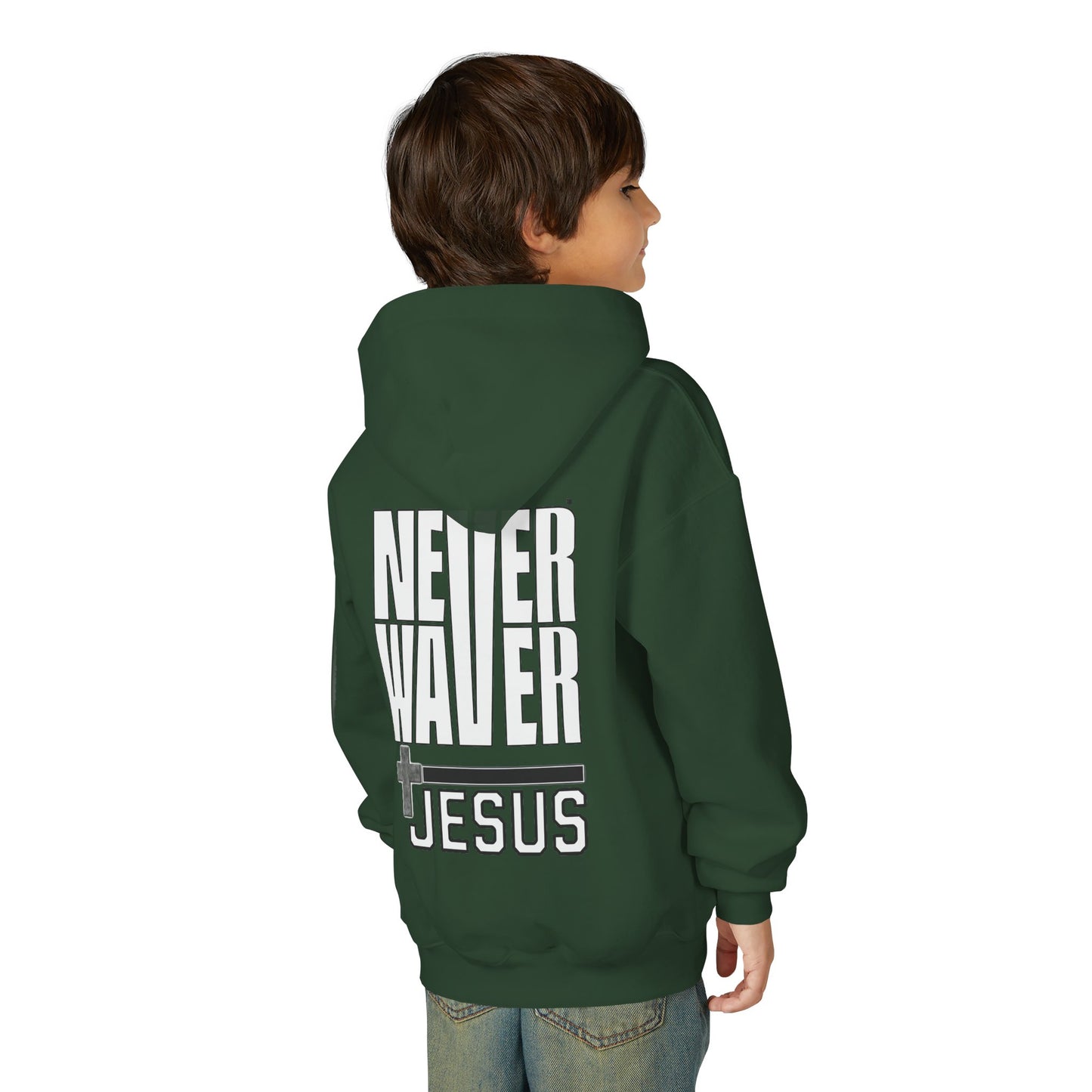 Youth Jesus Hoodie - "Never Waver” Jesus bold, eye-catching design that reflects a steadfast faith and confidence in Christ. " Sweatshirt for Young Jesus Lovers