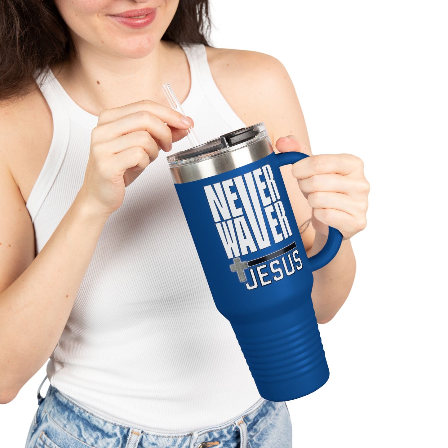 "Never Waver” Jesus Insulated Travel Mug -a bold, eye-catching design that reflects a steadfast faith and confidence in Christ. " - 40oz Sporty Drinkware