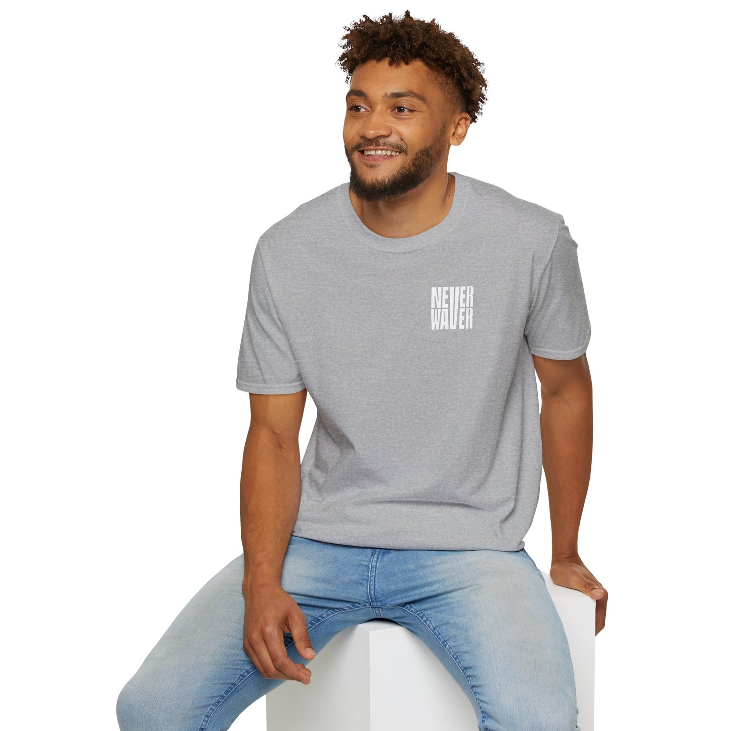 Never Waver” Jesus a bold, eye-catching design that reflects a steadfast faith and confidence in Christ.  Unisex Soft style T-Shirt