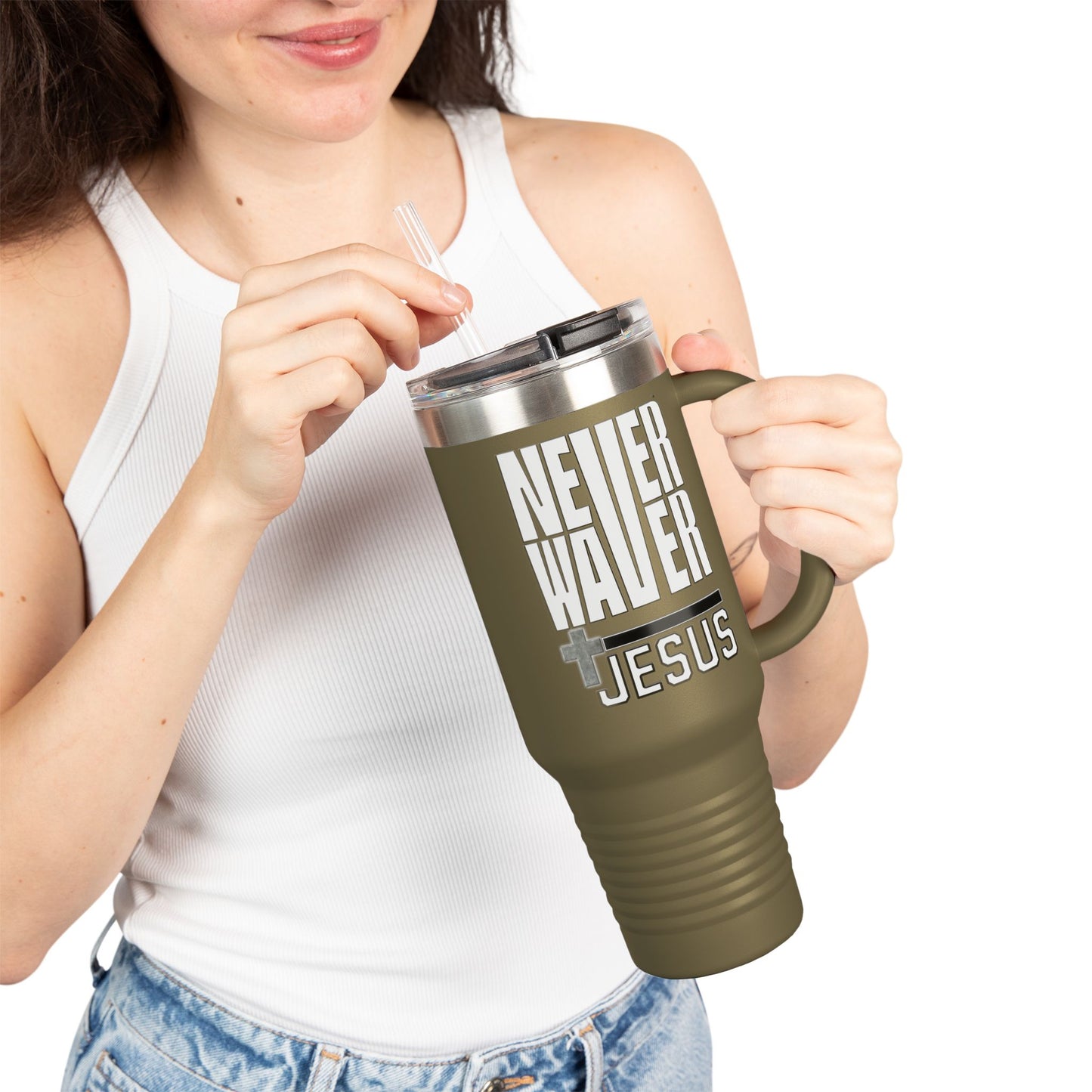 "Never Waver” Jesus Insulated Travel Mug -a bold, eye-catching design that reflects a steadfast faith and confidence in Christ. " - 40oz Sporty Drinkware