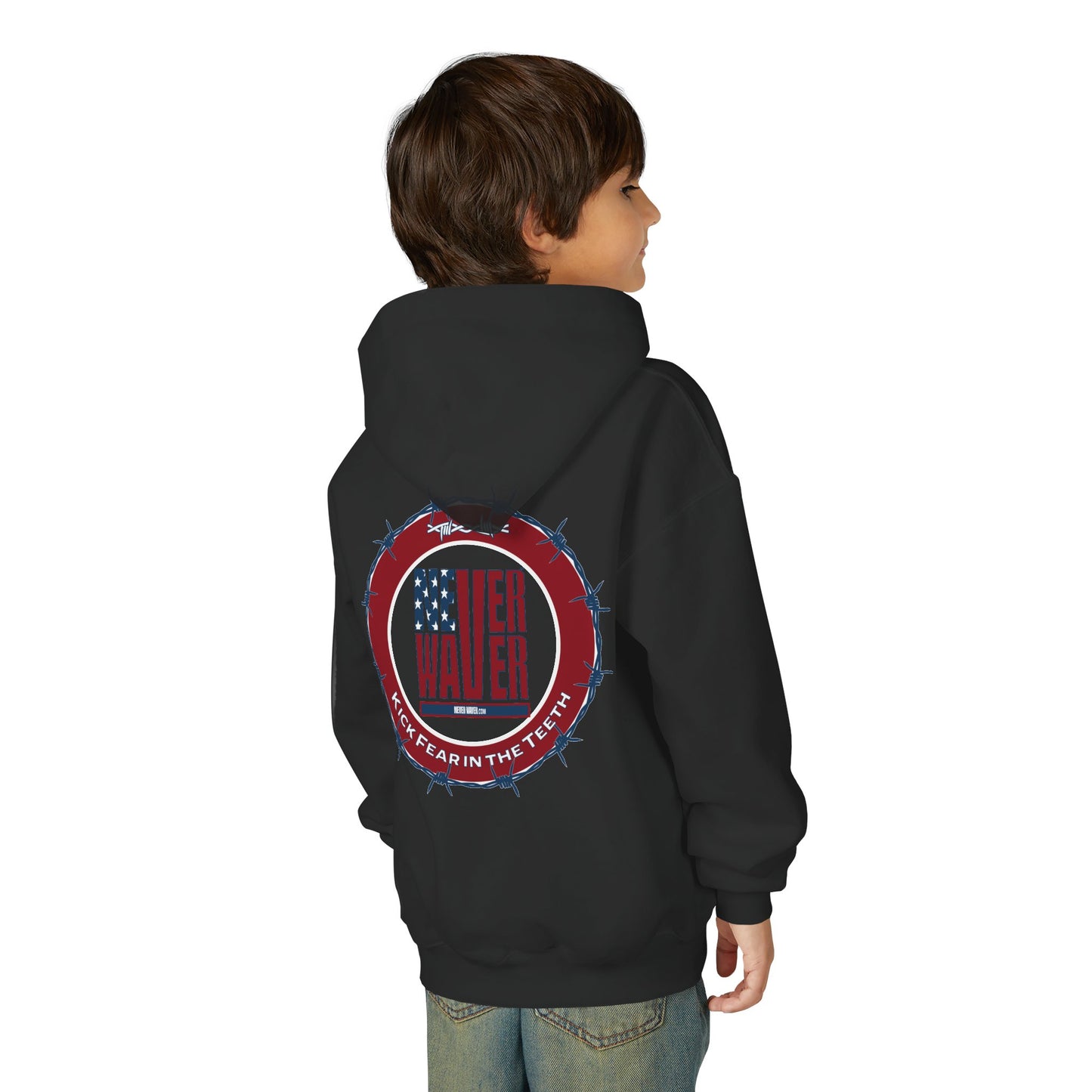 NEVER WAVER KICK FEAR IN THE TEETH Youth Heavy Blend Hooded Sweatshirt