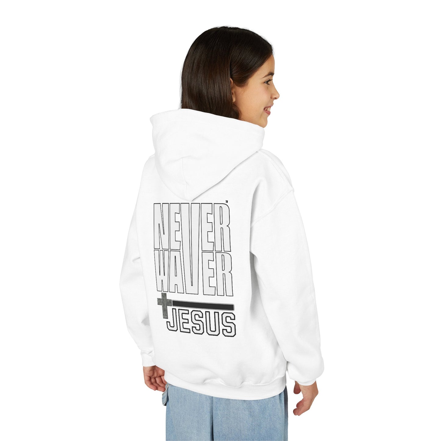 Youth Jesus Hoodie - "Never Waver” Jesus bold, eye-catching design that reflects a steadfast faith and confidence in Christ. " Sweatshirt for Young Jesus Lovers