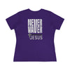 Never Waver” Jesus bold, eye-catching design that reflects a steadfast faith and confidence in Christ. Women's Cotton Tee