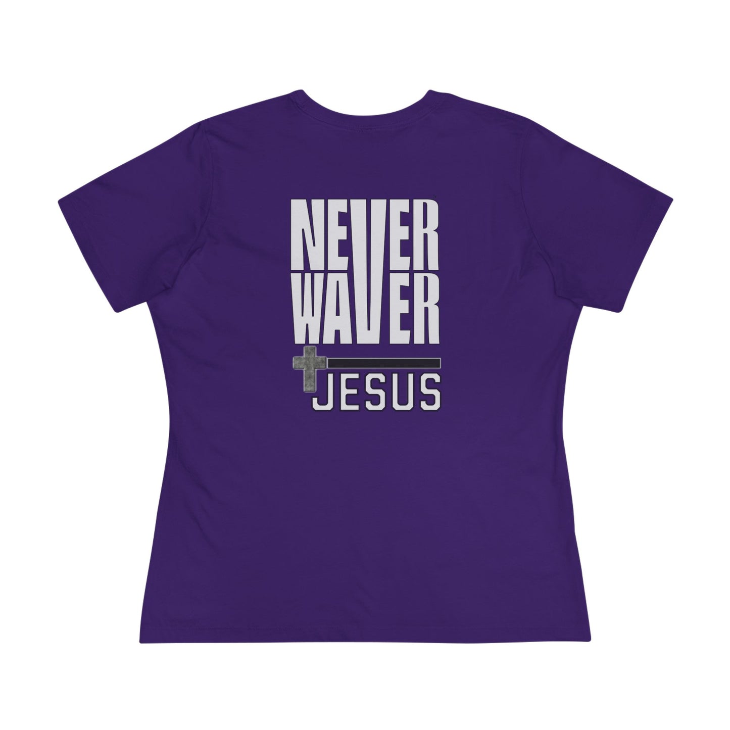 Never Waver” Jesus bold, eye-catching design that reflects a steadfast faith and confidence in Christ. Women's Cotton Tee