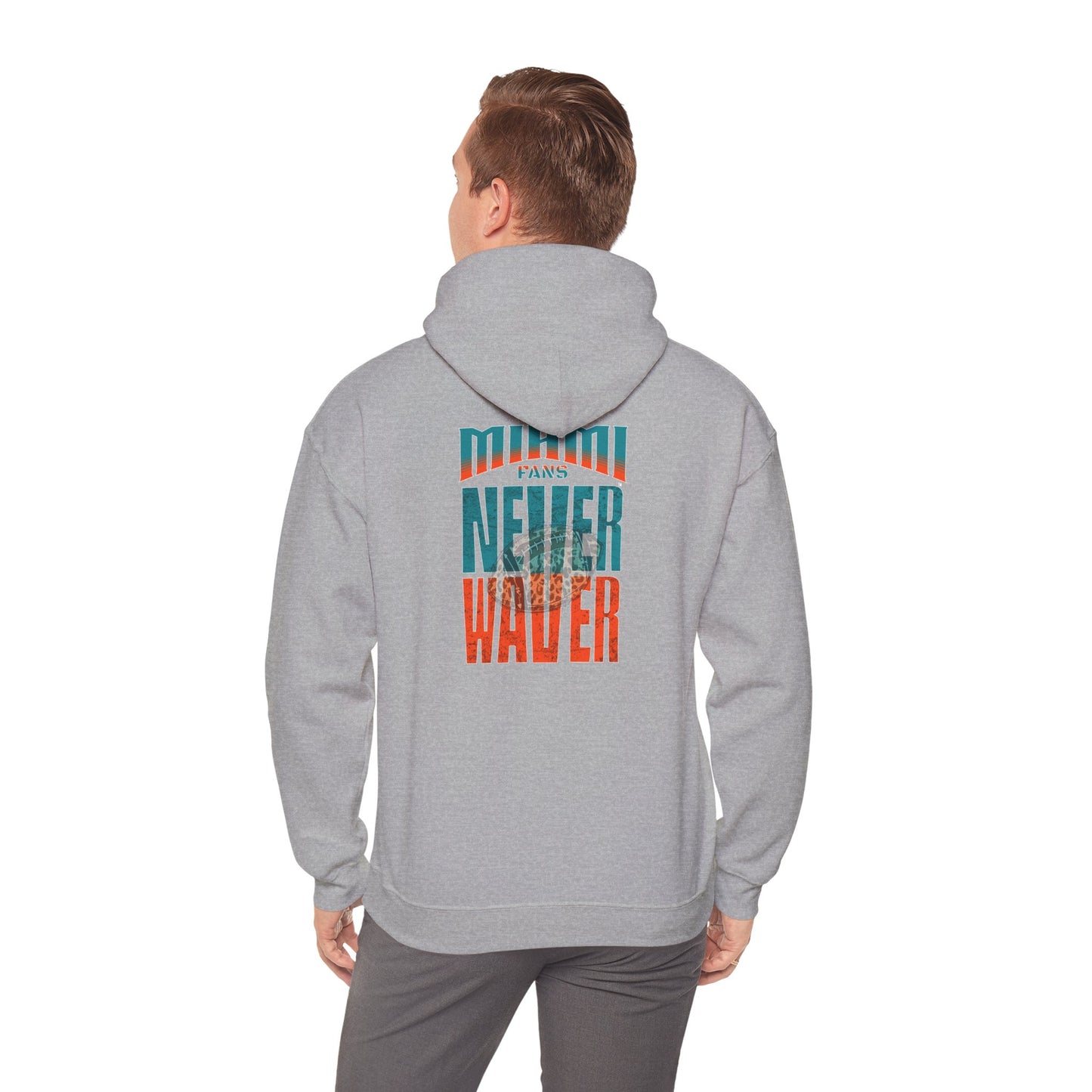 Miami Fans  NEVER WAVER w Leopard Football | Cozy Streetwear for Every Day Unisex Heavy Blend™ Hooded Sweatshirt -