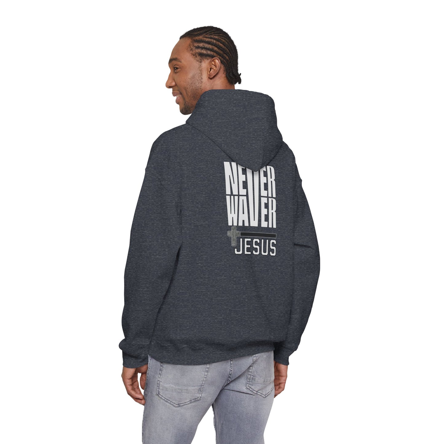 Never Waver” Jesus a bold, eye-catching design that reflects a steadfast faith and confidence in Christ. Hoodie - Unisex Heavy Blend™ Sweatshirt