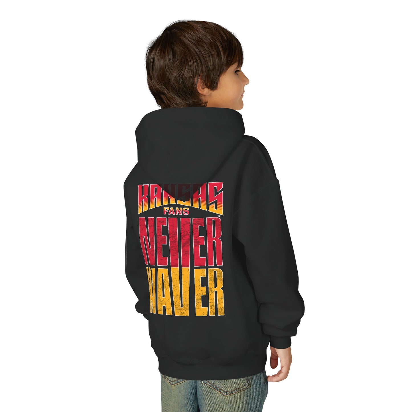 Kansas Fans Never Waver Youth Heavy Blend Hooded Sweatshirt