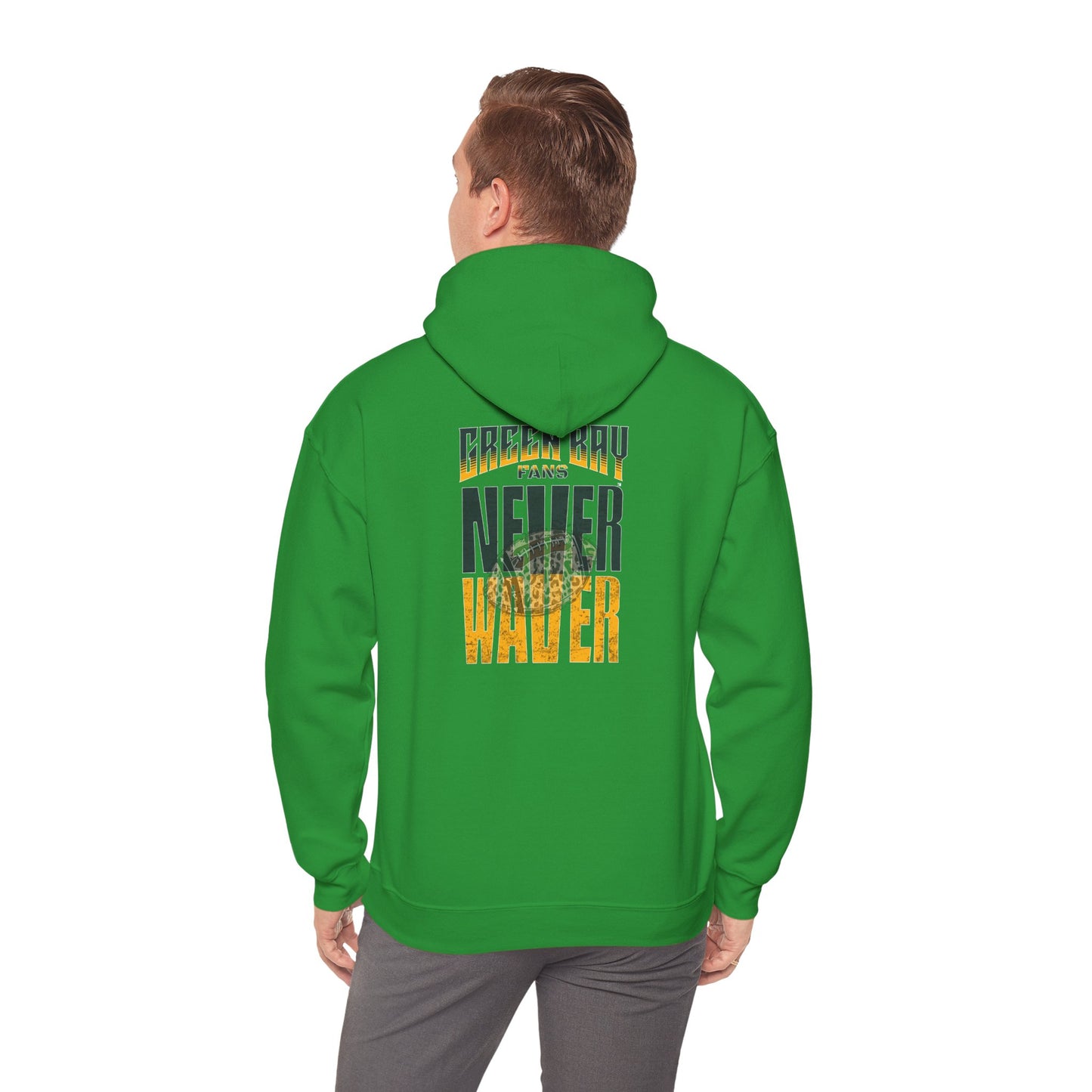 Green Bay Fans Never Waver Hoodie w Leopard Football - Unisex Heavy Blend Sweatshirt