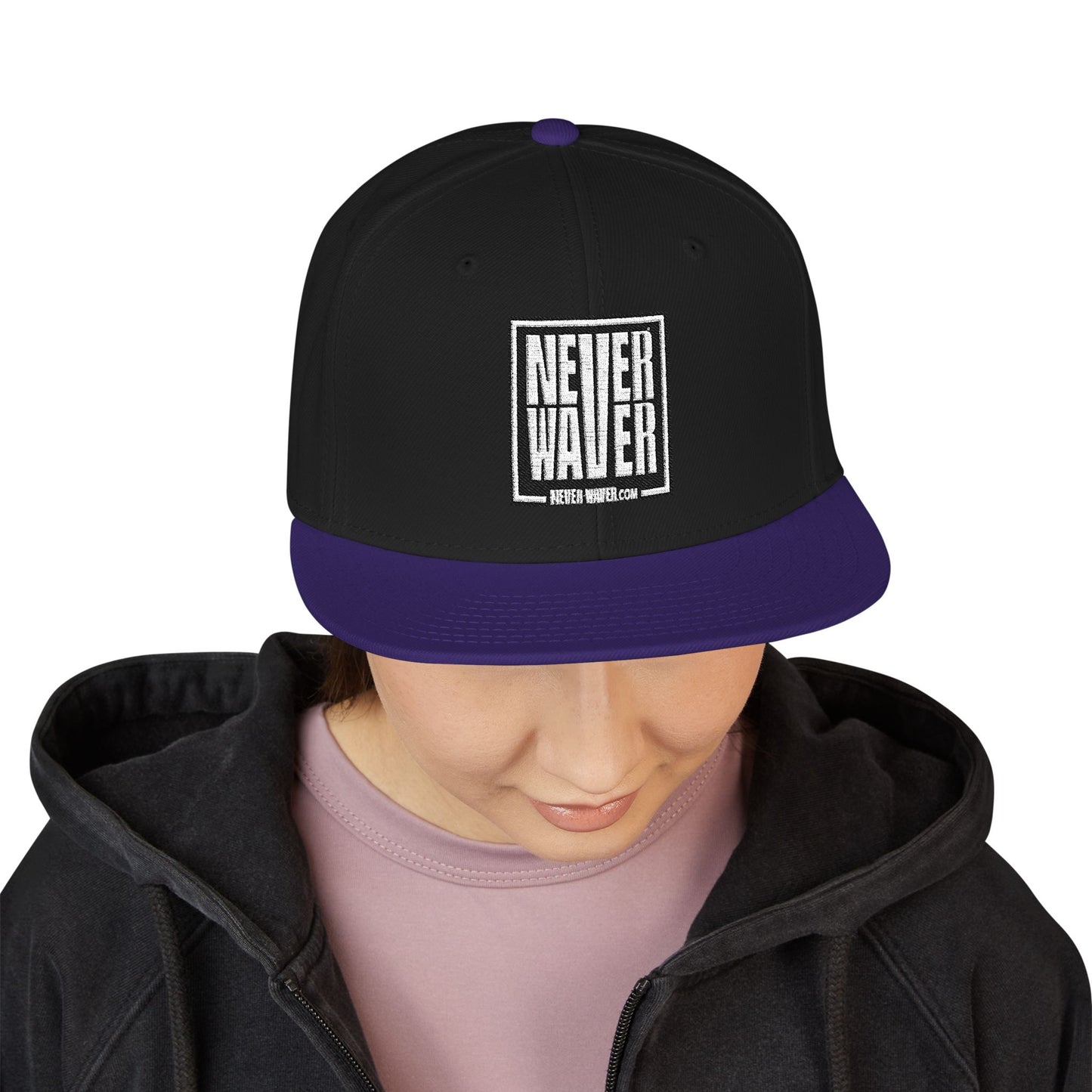 Never Waver Embroidered Square Script Snapback Hat — Bold Monochrome Streetwear