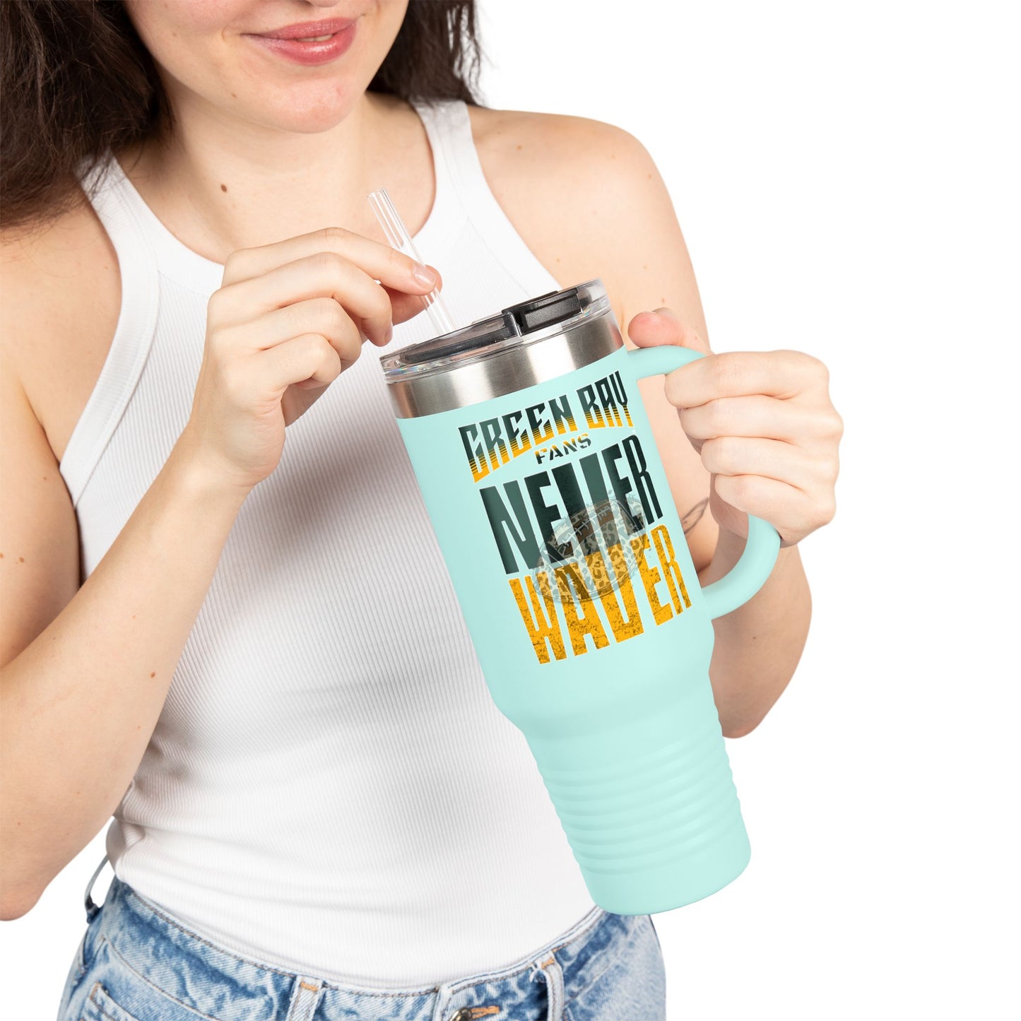 Green Bay Fans Never Waver with leopard football Insulated Travel Mug, 40oz