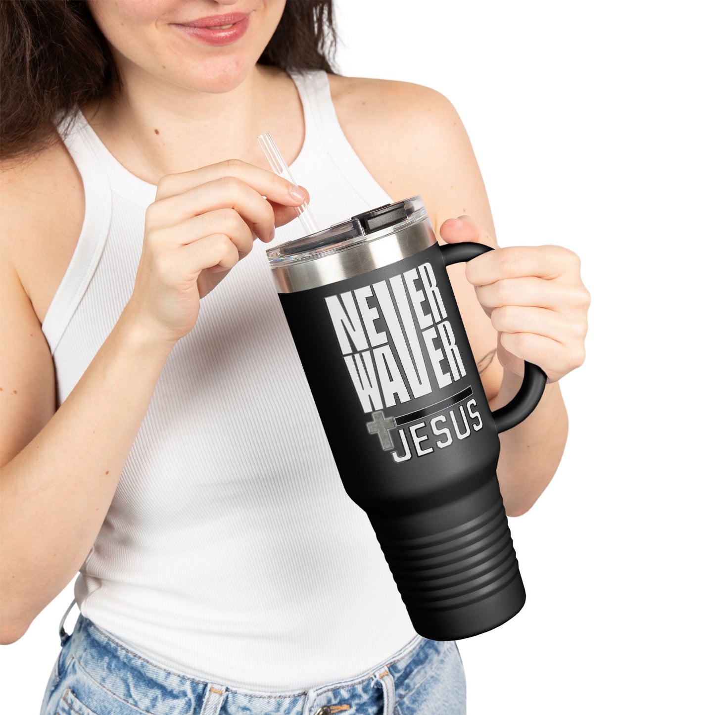 "Never Waver” Jesus Insulated Travel Mug -a bold, eye-catching design that reflects a steadfast faith and confidence in Christ. " - 40oz Sporty Drinkware