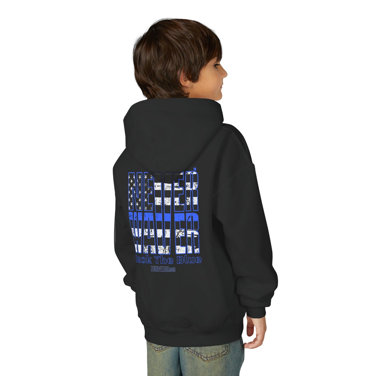Never Waver Back The Blue  Vintage-Inspired Youth Hoodie with American Flag Design