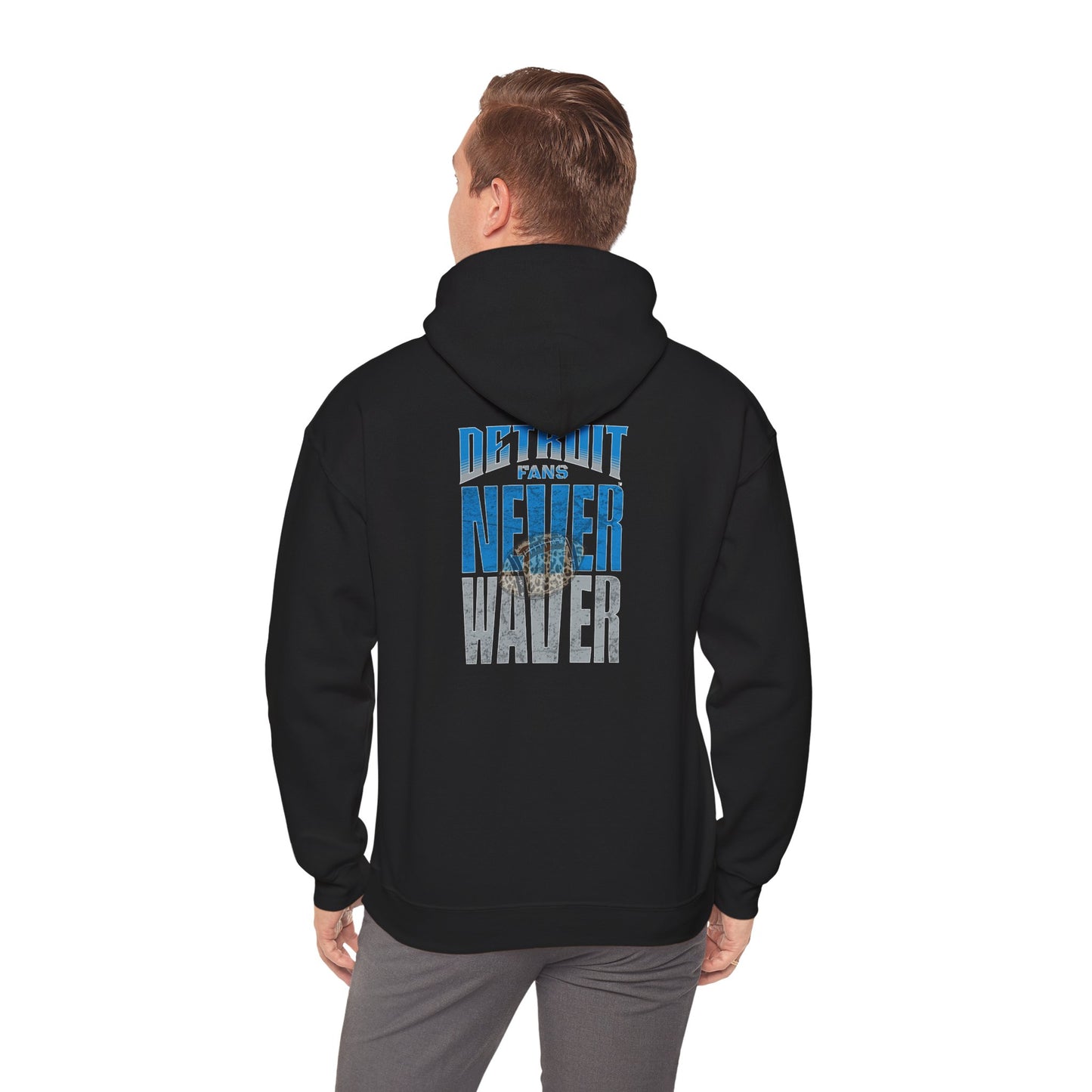 "Detroit Fans NEVER WAVER w Leopard Football" Inspirational Wear Unisex Heavy Blend™ Hooded Sweatshirt