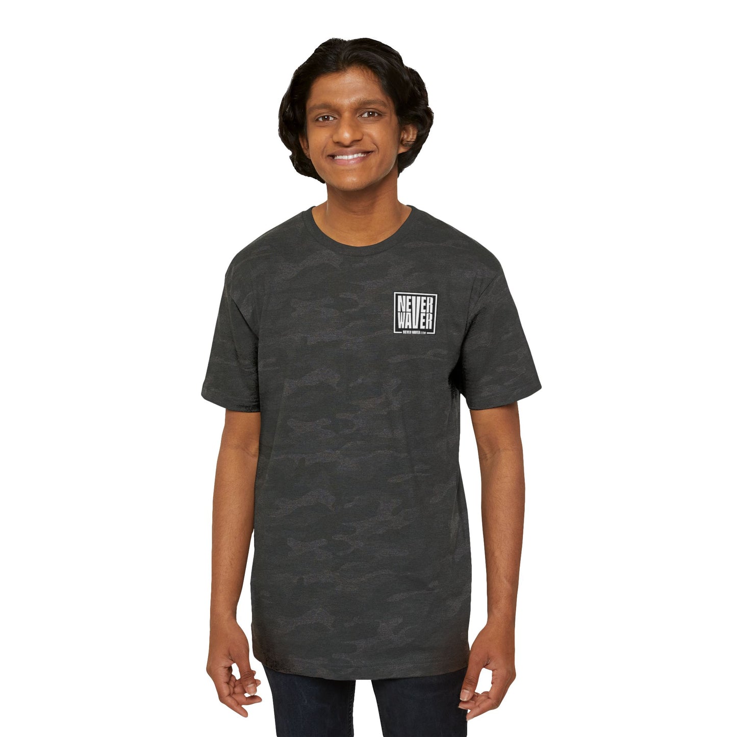 Never Waver Logo T-Shirt — Men's Graphic Tee (Box Logo Front & Back)