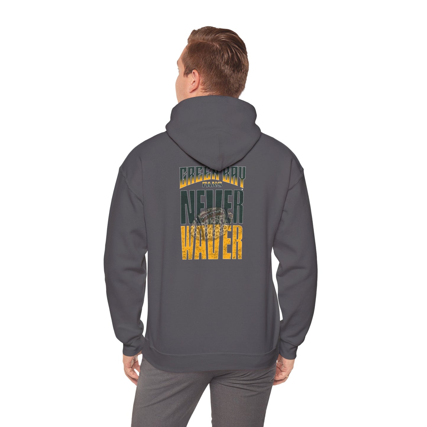 Green Bay Fans Never Waver Hoodie w Leopard Football - Unisex Heavy Blend Sweatshirt